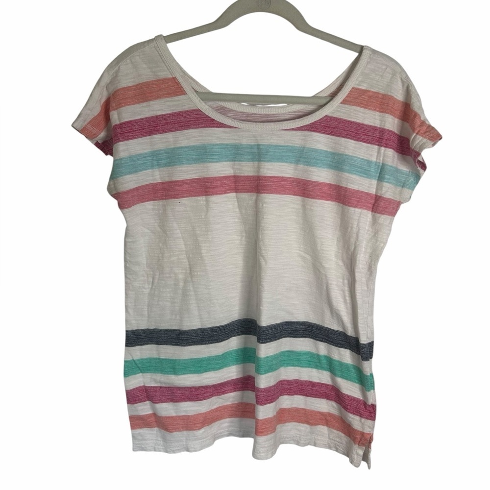 T by Talbots White Rainbow Striped Cap Sleeve T-shirt 100% Cotton Women’s Small
